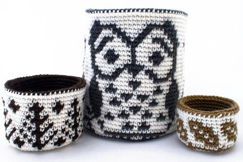 Reversible Trio of Forest Baskets Fair Isle Crochet Patterns by Deja Joy