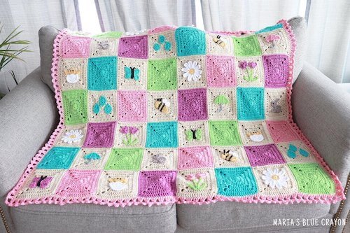 Spring Granny Square Blanket Crochet Pattern by Maria's Blue Crayon