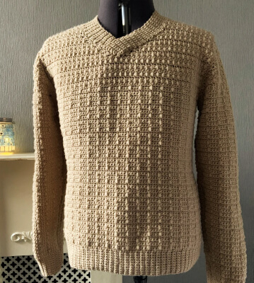 Textured V Neck Men's Crochet Sweater Pattern by SeyhallCrochetDesign