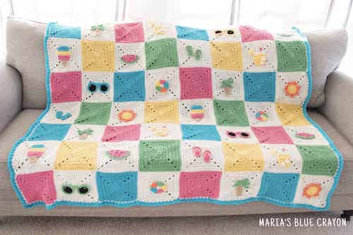 Crochet Summer Themed Granny Square Blanket Pattern by Maria's Blue Crayon