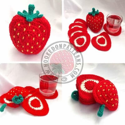 Crochet Strawberry Coaster Set Pattern by Hooked On Patterns