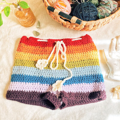 Retro Rainbow Crochet High-Waisted Shorts Pattern by ShopDoeandDeer