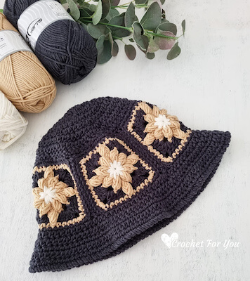 Crochet Granny Square Bobble Bucket Hat Pattern by Crochet For You