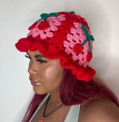 Crochet Granny Square Cherry Bucket Hat Pattern by Jenee Co