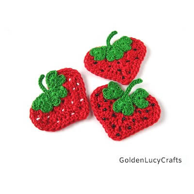 Crochet Heart Strawberry Applique Pattern by Golden Lucy Crafts