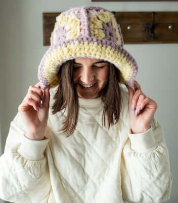 Super Bulky Granny Square Crochet Bucket Hat Pattern by Lion Brand