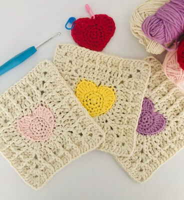 Waffle Stitch Crochet Heart Granny Square Pattern by AM Creations By Monica