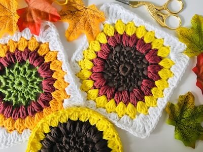 Crochet Sunflower Granny Square Pattern by Lullaby Lodge