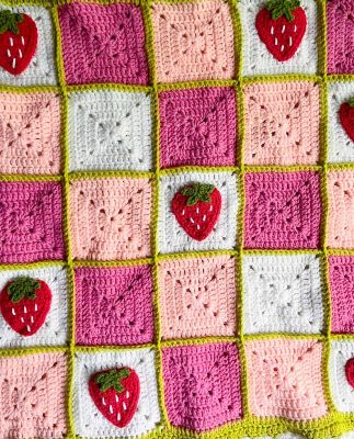 Crochet Granny Square Strawberry Blanket Pattern by The Caffeinated Snail