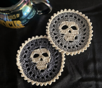 Crochet Mr Bones Skull Coaster Pattern by MissDodgers